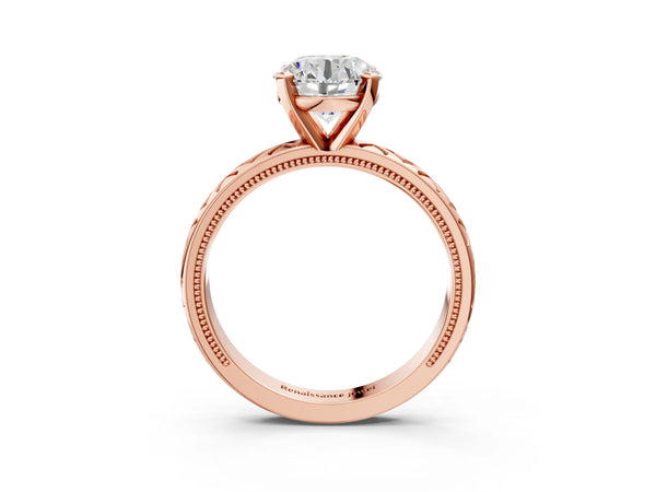 Rose Gold Round Vintage Solitaire Engagement Ring Setting with Milgrain X Pattern Band
