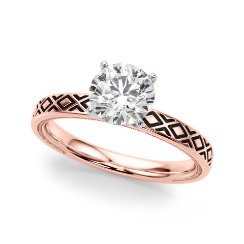Rose gold Round Solitaire Diamond Ring with Milgrain and Black Enamel X Pattern Band