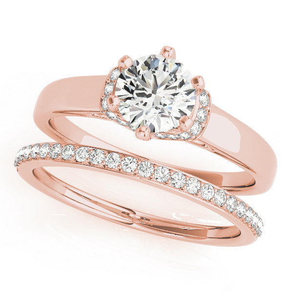 Rose gold Round Solitaire Diamond Ring with Pave Band and Six-Prong Setting 1