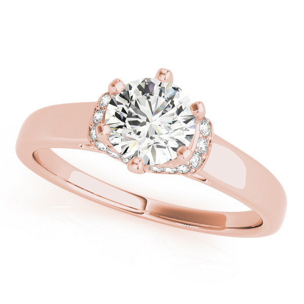 Rose gold Round Solitaire Diamond Ring with Pave Band and Six-Prong Setting