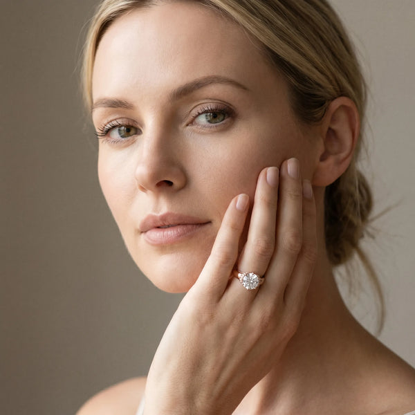 Rose gold Round Solitaire Diamond Ring with Pave Band and Six-Prong Setting