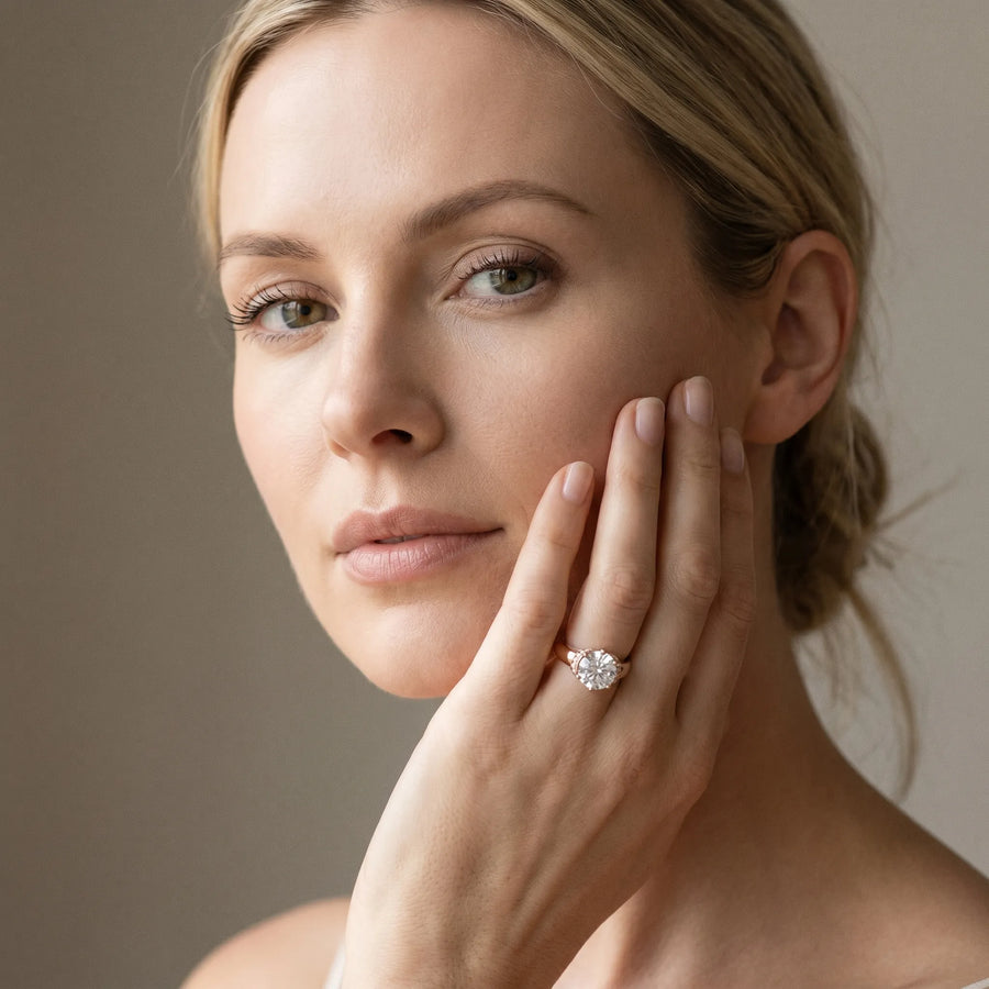 Rose gold Round Solitaire Diamond Ring with Pave Band and Six-Prong Setting