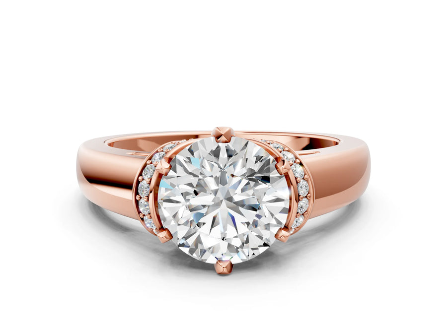 Rose gold Round Solitaire Diamond Ring with Pave Band and Six-Prong Setting
