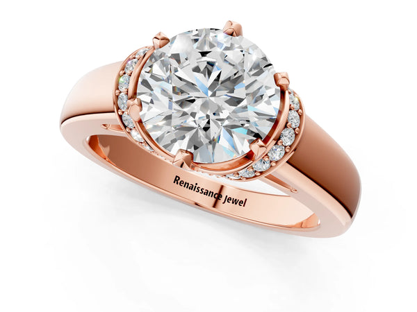 Rose gold Round Solitaire Diamond Ring with Pave Band and Six-Prong Setting