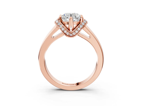 Rose gold Round Solitaire Diamond Ring with Pave Band and Six-Prong Setting
