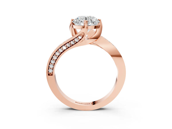 Rose Gold Round Bypass Solitaire Engagement Ring Setting with Swirl Pave Band
