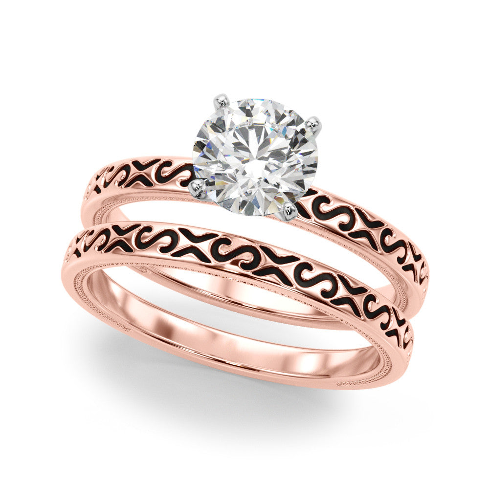 Rose gold Round Solitaire Engagement Ring with Scrollwork Band and Four-Prong Setting 1
