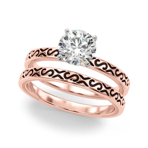 Rose gold Round Solitaire Engagement Ring with Scrollwork Band and Four-Prong Setting 1