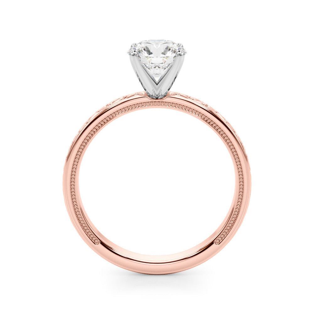 Rose gold Round Solitaire Engagement Ring with Scrollwork Band and Four-Prong Setting 2