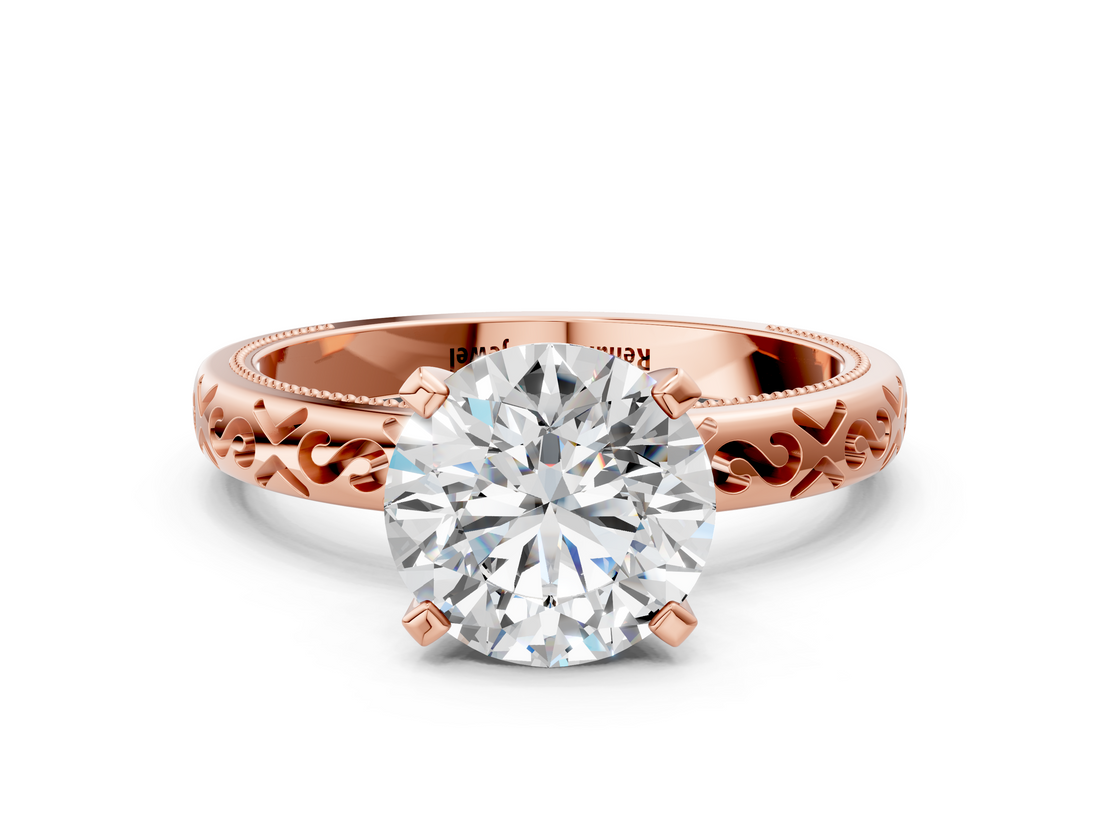 Rose gold Round Solitaire Engagement Ring with Scrollwork Band and Four-Prong Setting_150