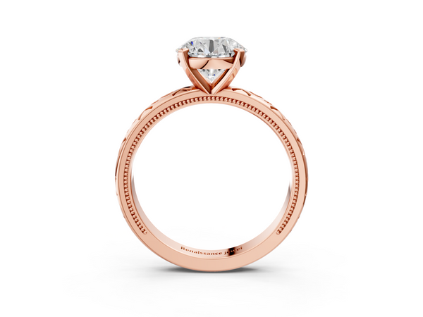 Rose Gold Round Vintage Solitaire Engagement Ring Setting with Openwork Scroll Band and Milgrain