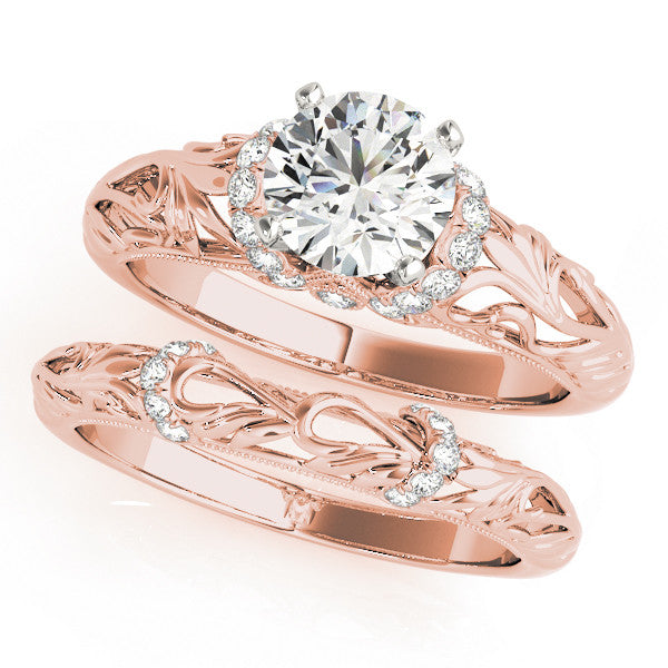 Rose gold Round Solitaire Filigree Engagement Ring with Halo and Prong Setting 1