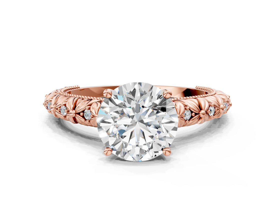 Rose gold Round Solitaire Floral Milgrain Engagement Ring_32