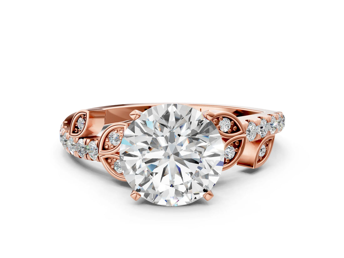 Rose gold Round Solitaire Leaf-Inspired Diamond Ring with Pavé Band and Four-Prong Setting_13