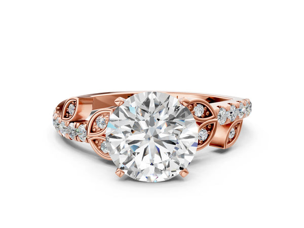 Rose Gold Round Leaf Solitaire Engagement Ring Setting with Pave Band