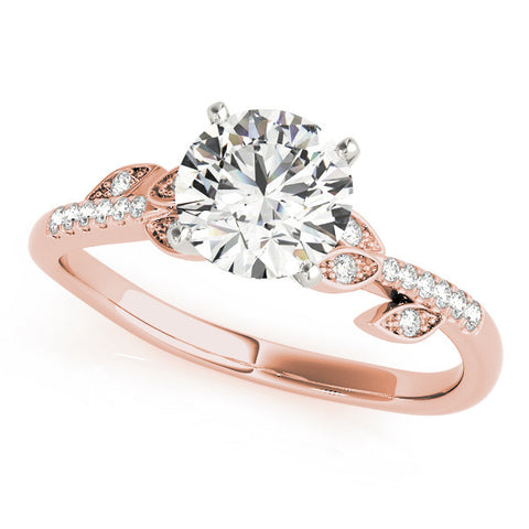 Rose gold Round Solitaire Leaf-Inspired Diamond Ring with Pavé Band and Four-Prong Setting