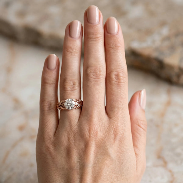 Rose gold Round Solitaire Leaf-Inspired Engagement Ring with Prong Setting