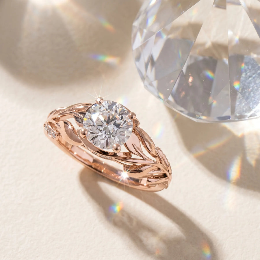 Rose gold Round Solitaire Leaf-Inspired Engagement Ring with Prong Setting