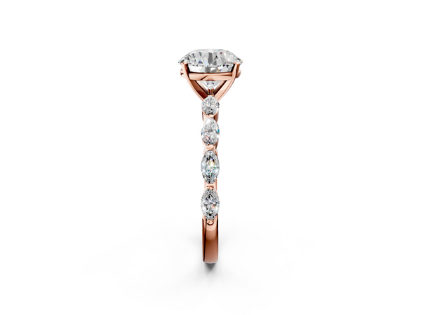 Rose gold Round Cut Diamond Ring with Marquise Side Stones and Prong Setting