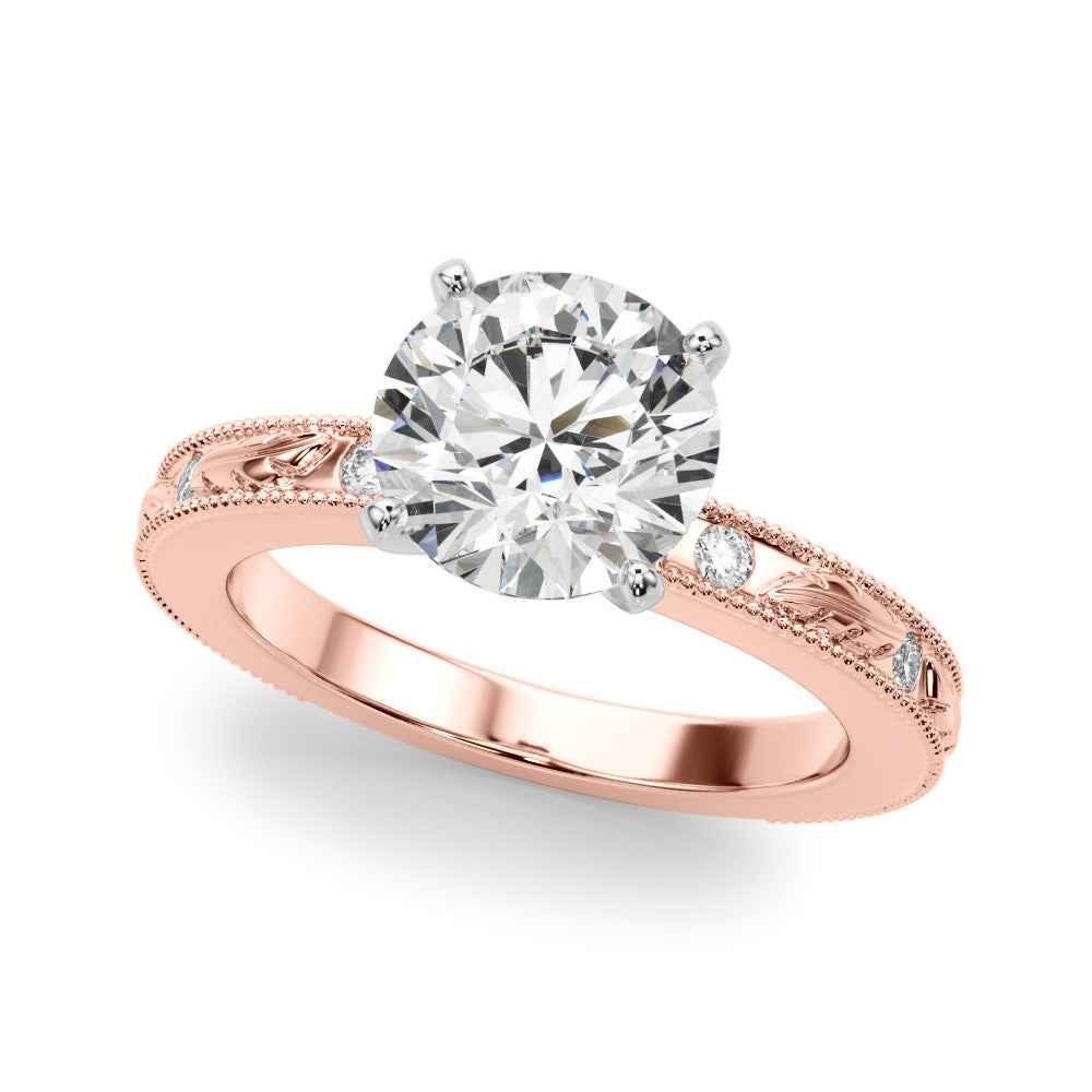 Rose gold Round Solitaire Milgrain Engagement Ring with Filigree Band and Four-Prong Setting