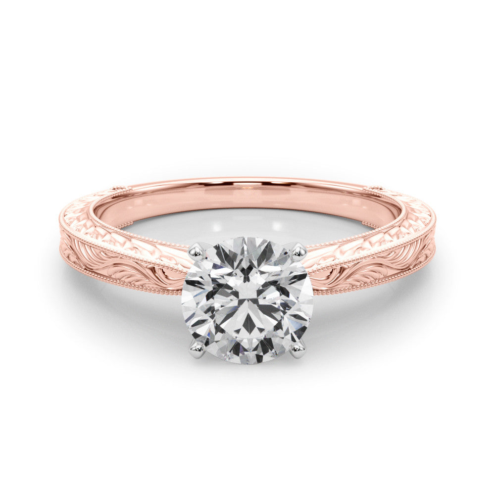 Rose gold Round Solitaire Milgrain Engraved Band with Four-Prong Setting 1