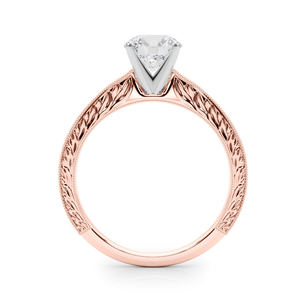 Rose gold Round Solitaire Milgrain Engraved Band with Four-Prong Setting 2