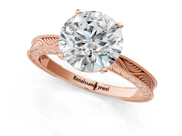 Rose Gold Round Vintage Solitaire Engagement Ring Setting with Milgrain Engraved Band