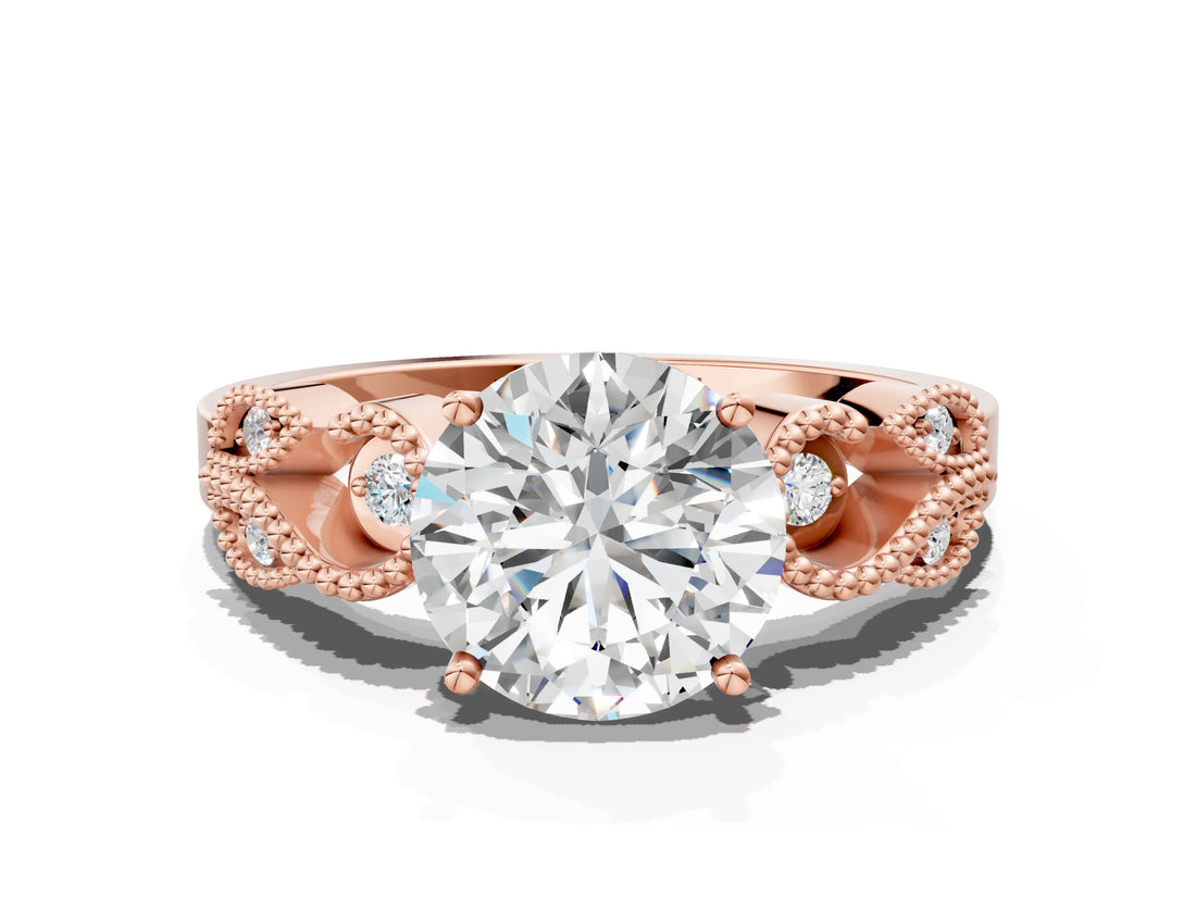 Rose gold Round Solitaire Milgrain Leaf Band with Prong Setting_3