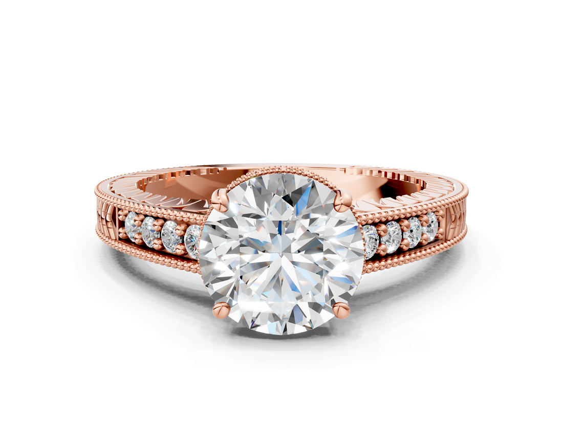 Rose gold Round Solitaire Pavé Diamond Milgrain Engagement Ring with Four-Prong Setting_6