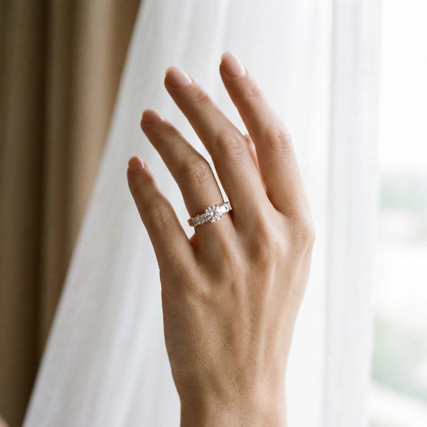 Rose gold Round Solitaire Princess Side Stone Engraved Band Prong Setting Ring