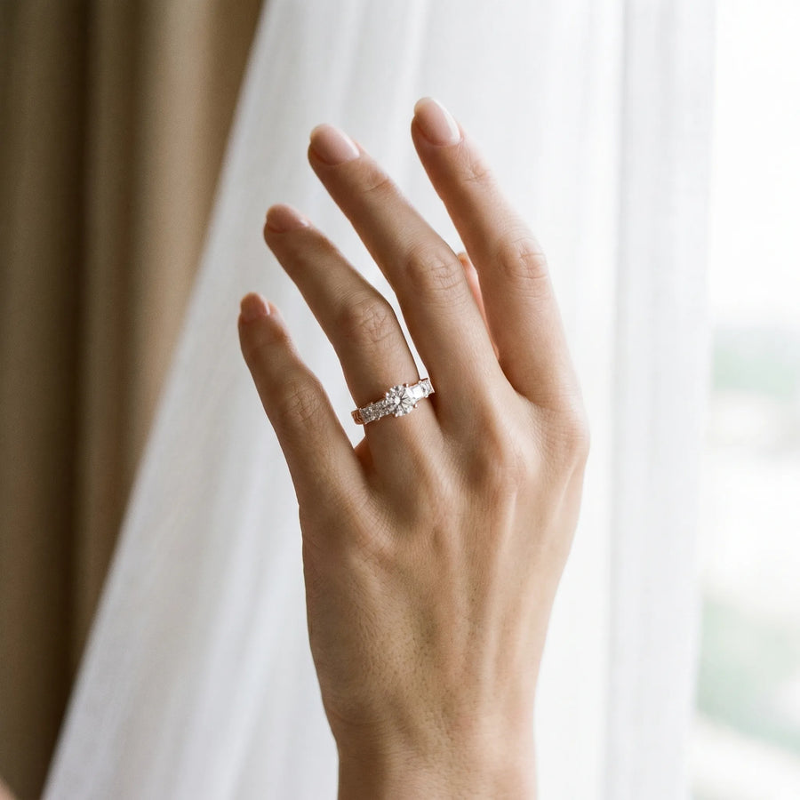 Rose gold Round Solitaire Princess Side Stone Engraved Band Prong Setting Ring