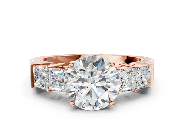 Rose gold Round Solitaire Princess Side Stone Engraved Band Prong Setting Ring