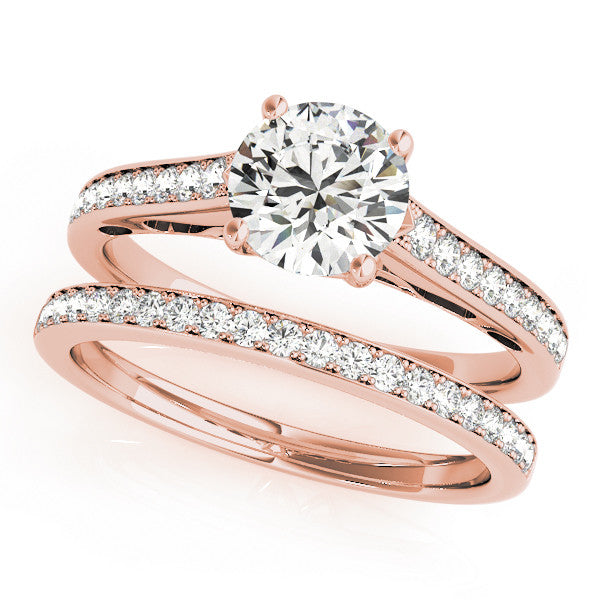Rose gold Round Solitaire Prong Set Diamond Engagement Ring with Pave Band