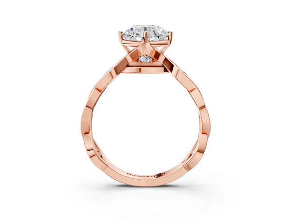 Rose gold Round Solitaire Twist Band with Leaf Prong Setting