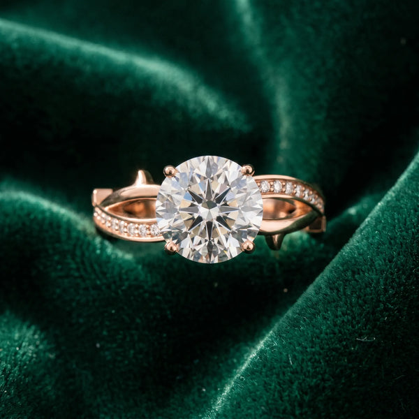Rose gold Round Solitaire Twist Band with Pavé Accents and Four-Prong Setting