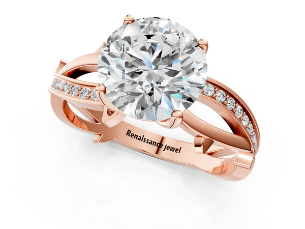 Rose gold Round Solitaire Twist Band with Pavé Accents and Four-Prong Setting