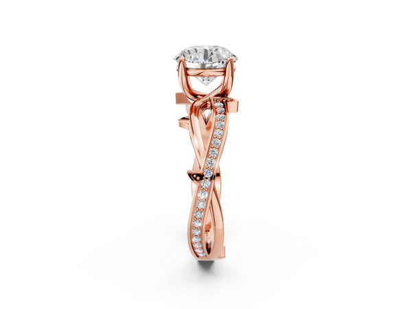 Rose gold Round Solitaire Twist Band with Pavé Accents and Four-Prong Setting