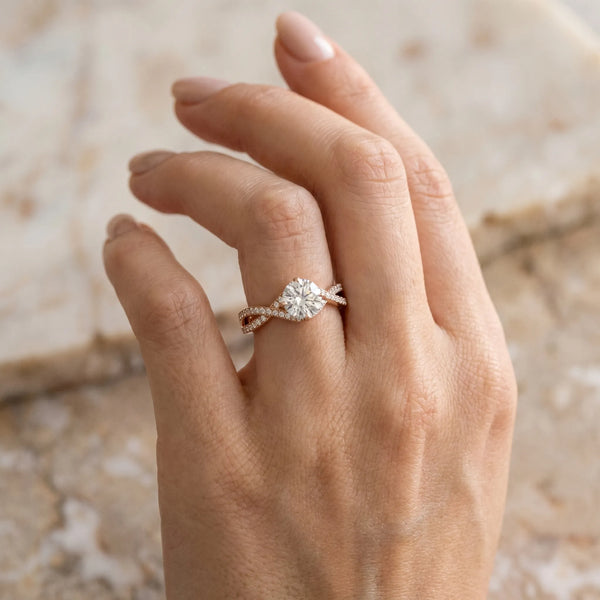 Rose gold Round Solitaire Twist Band with Pavé Setting and Four-Prong Mount