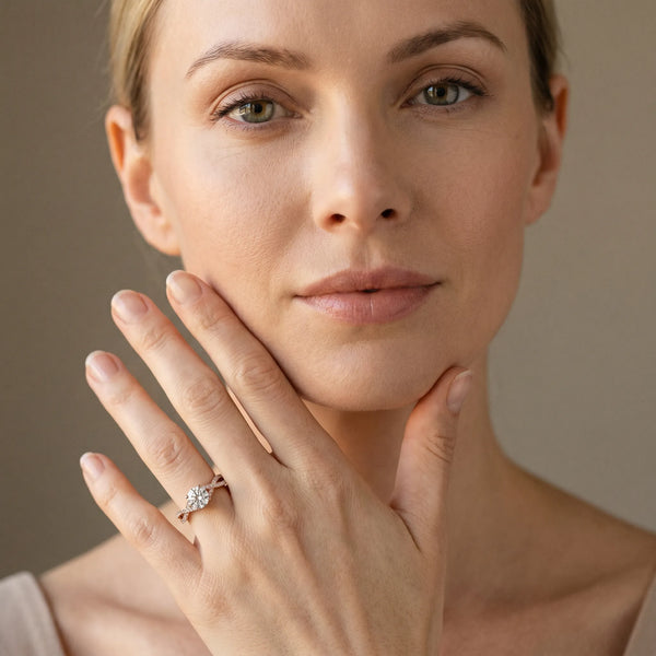 Rose gold Round Solitaire Twist Band with Pavé Setting and Four-Prong Mount