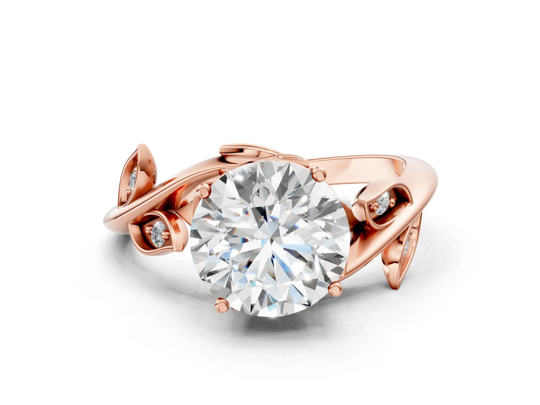 Rose gold Round Solitaire Twist Engagement Ring with Leaf Accents and Prong Setting_15