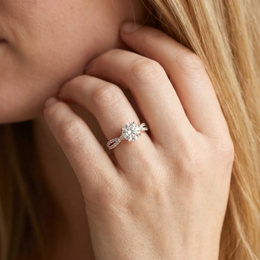 Rose gold Round Solitaire Twist Pave Diamond Engagement Ring with Prong Setting