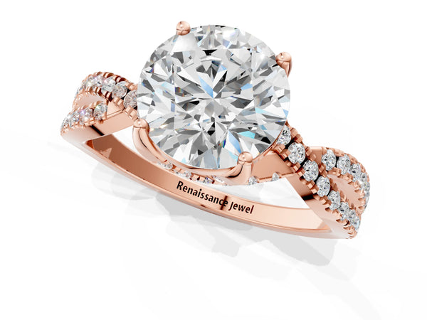 Rose gold Round Solitaire Twist Pave Diamond Engagement Ring with Prong Setting