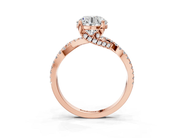 Rose gold Round Solitaire Twist Pave Diamond Engagement Ring with Prong Setting