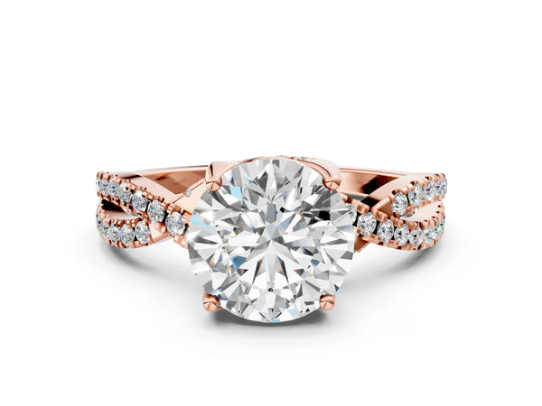 Rose Gold Round Twisted Split Shank Engagement Ring Setting with Slim Pave Strands and Pave Gallery