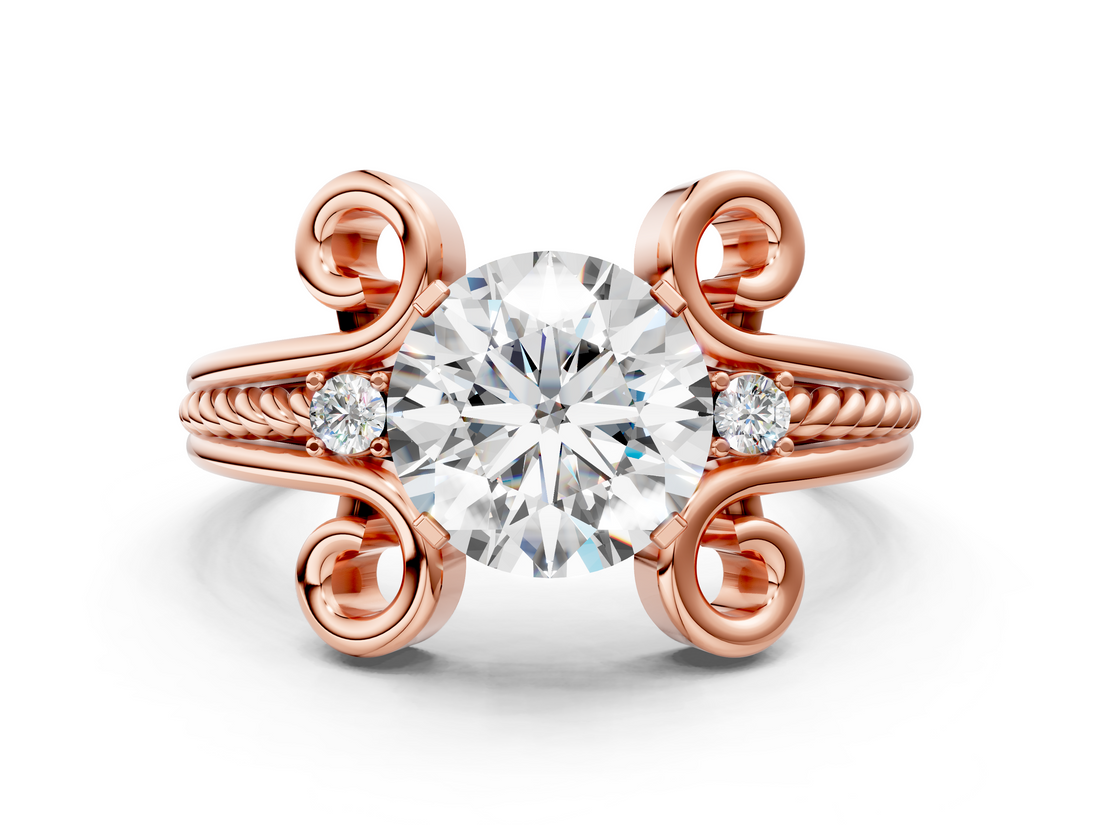 Rose gold Round Solitaire Twisted Band Scroll Prong Ring_3