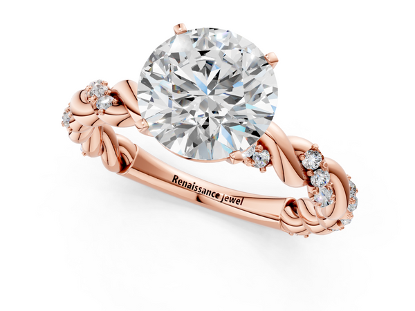 Rose gold Round Cut Diamond Solitaire Ring with Twisted Band and Pavé Accents