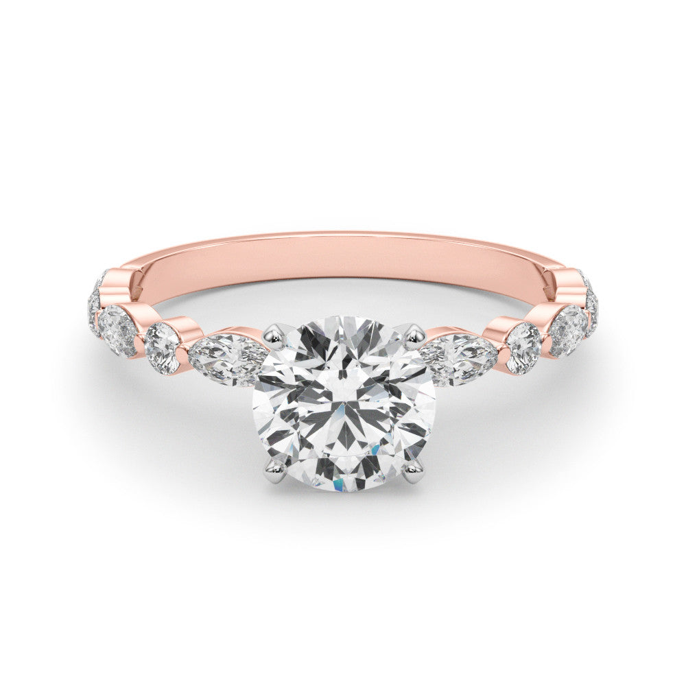 Rose gold Round Solitaire with Side Stones on a Pavé Band and Four-Prong Setting 1