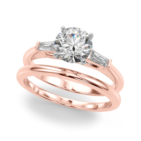 Rose gold Round Solitaire with Tapered Baguette Side Stones on a Classic Band with Four-Prong Setting 1