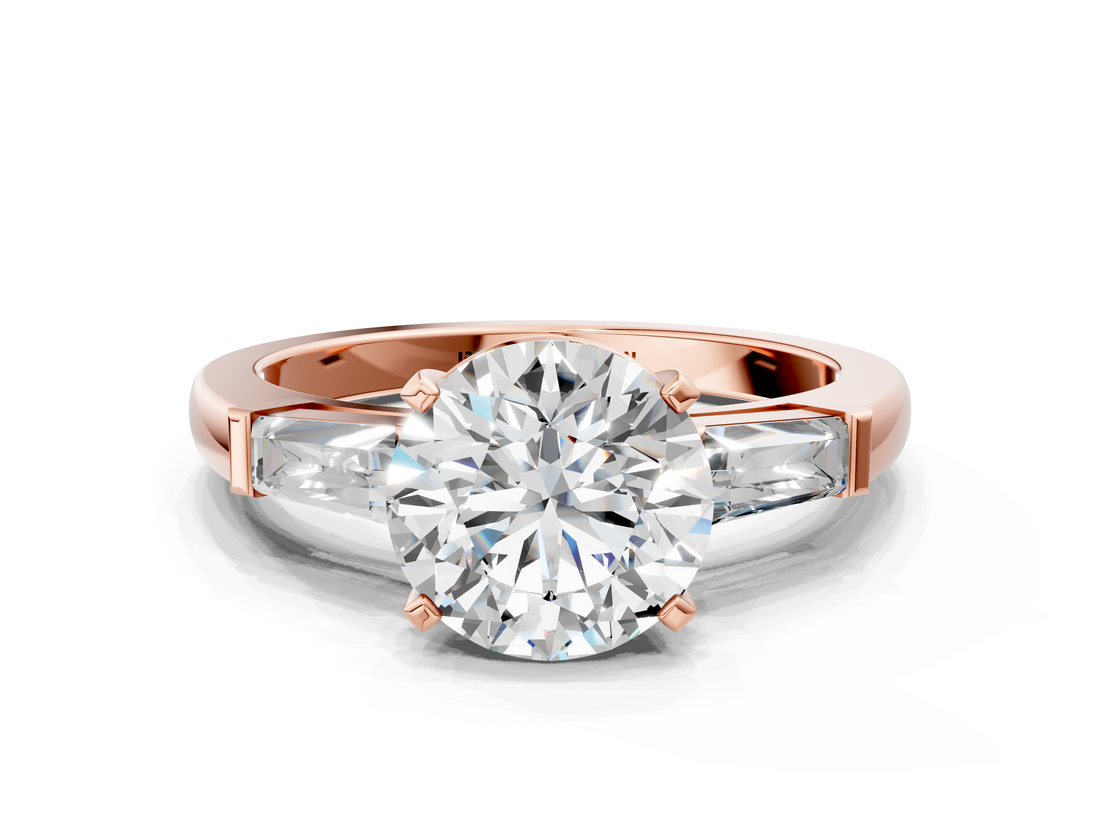 Rose gold Round Solitaire with Tapered Baguette Side Stones on a Classic Band with Four-Prong Setting_127