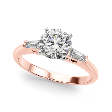 Rose gold Round Solitaire with Tapered Baguette Side Stones on a Classic Band with Four-Prong Setting